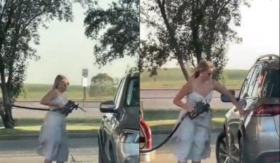 Aracına yakıt doldurmak isterken bir türlü mesafeyi ayarlayamayan kadının görüntüleri viral oldu.