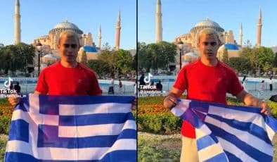 Yunan sosyal medya fenomeni, Ayasofya Cami önünde bayrakla poz verdi. “Bir gün yeniden bizim olacak” dedi.