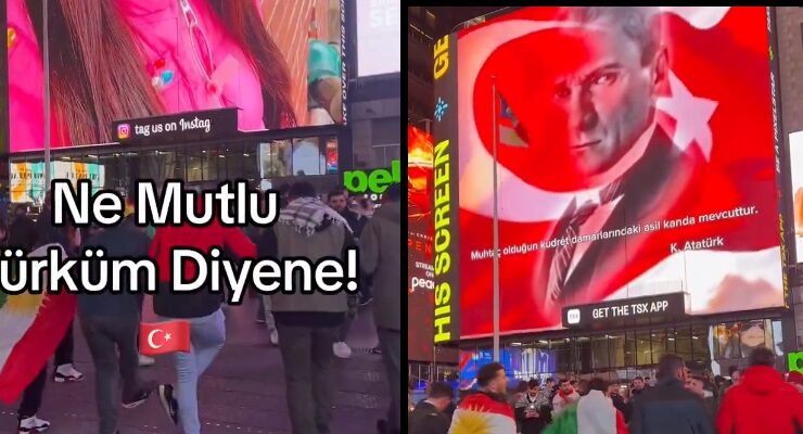 Times Meydanı’nda PKK’lıların halay çektiğini gören bir Türk, meydandaki ekrana Atatürk görseli ve Türk bayrağı yansıttı.