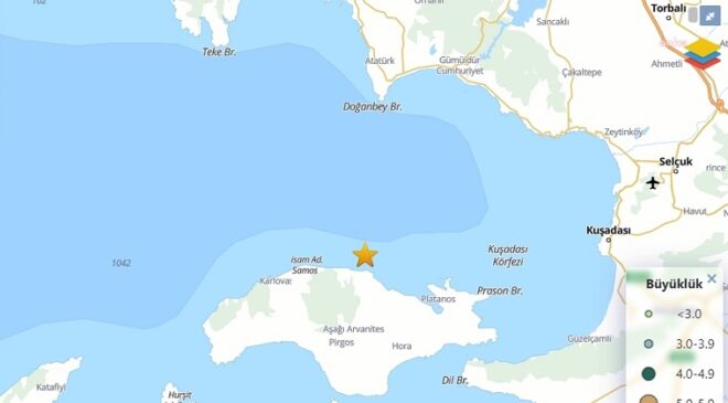 İzmir’in Seferihisar ilçesi açıklarında Ege Denizi’nde 4,5 büyüklüğünde deprem meydana geldi.